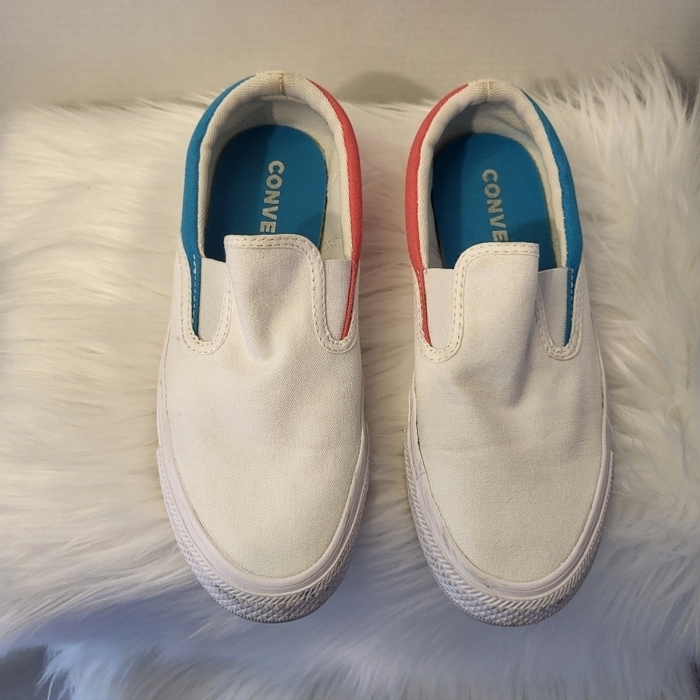 Converse White/Pink/Blue Slip-On Sneakers, Size 7.5